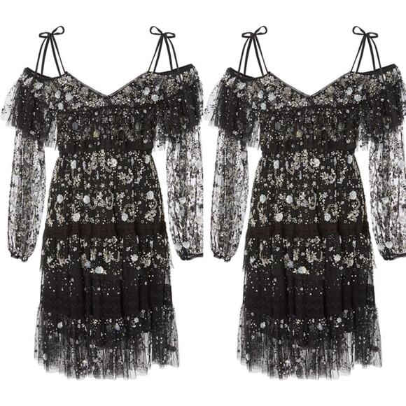 Needle & Thread Supernova Tiered Ruffle Embellished Dress Black Size 6 - Picture 7 of 14